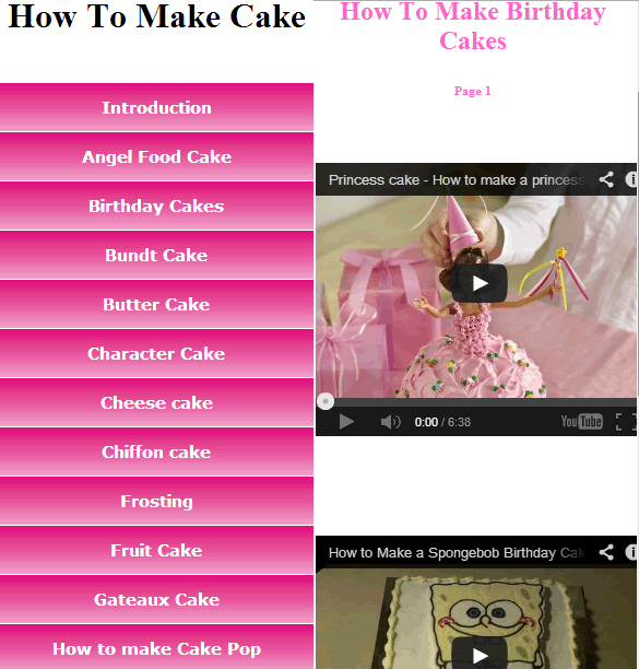 Main interface and video tutorial section of Cake Recipe