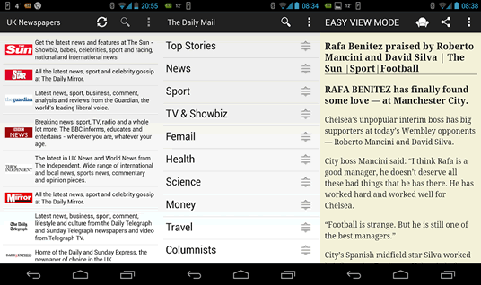 Tap on a newspaper, then on a section and after that on a news item, shown in Easyview above