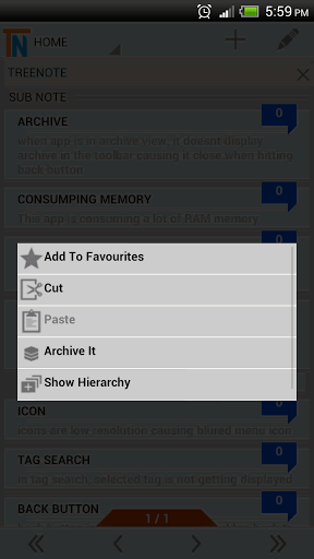 Tap and hold a note to see its advanced menu, such as adding it to favorites.