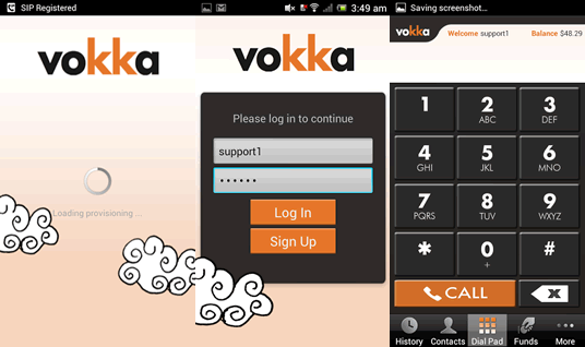 Main interface of Vokka, login screen and dialpad