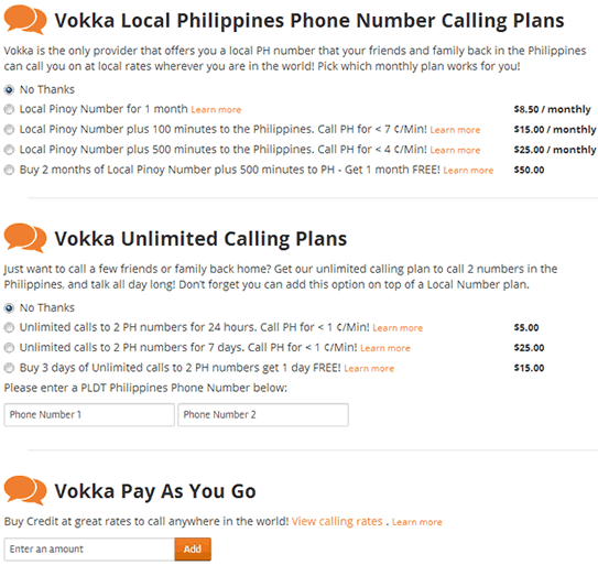 Price plans for Vokka phone calls