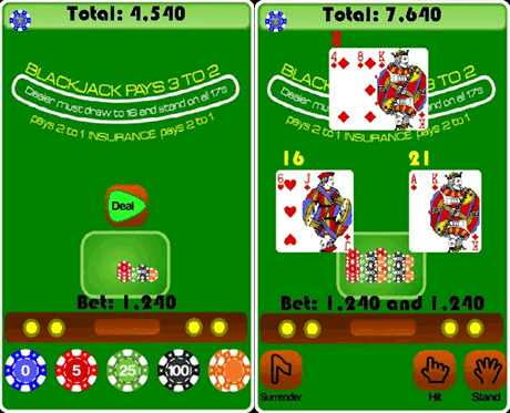 Simple gamplay for BlackJack: first, place your bets, second get hit or stand.