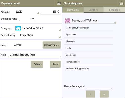 Adding expenses and managing subcategories