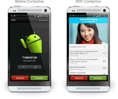 Call screen - with and without Contactive installed.