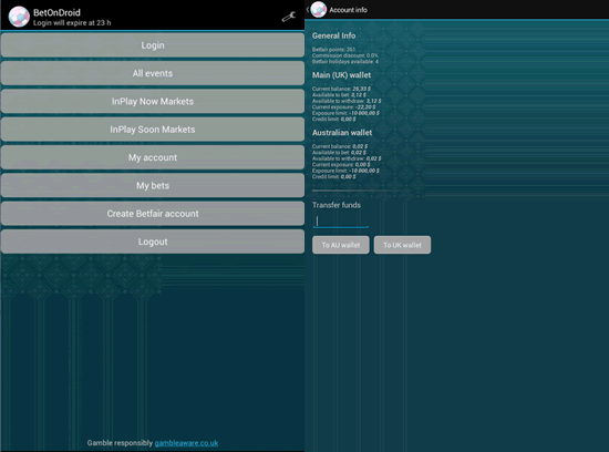 Account information on BetOnDroid