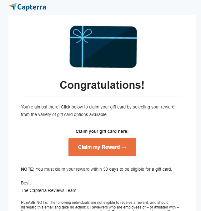 Claim your Amazon Gift card from Capterra - step 1