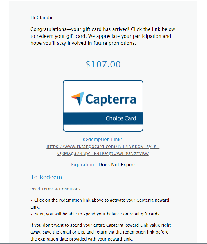 Claim your Amazon Gift card from Capterra - step 3